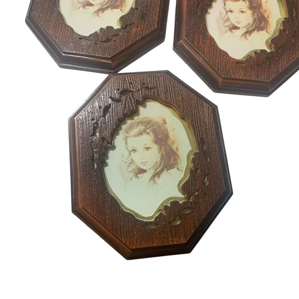Vintage Old Time Set of 3 Faux Wood Picture Frames Mid Century Gold Trim Ornate